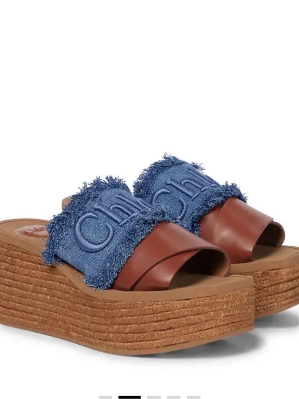 Chloe Blue Denim and Brown Leather Platform Slides